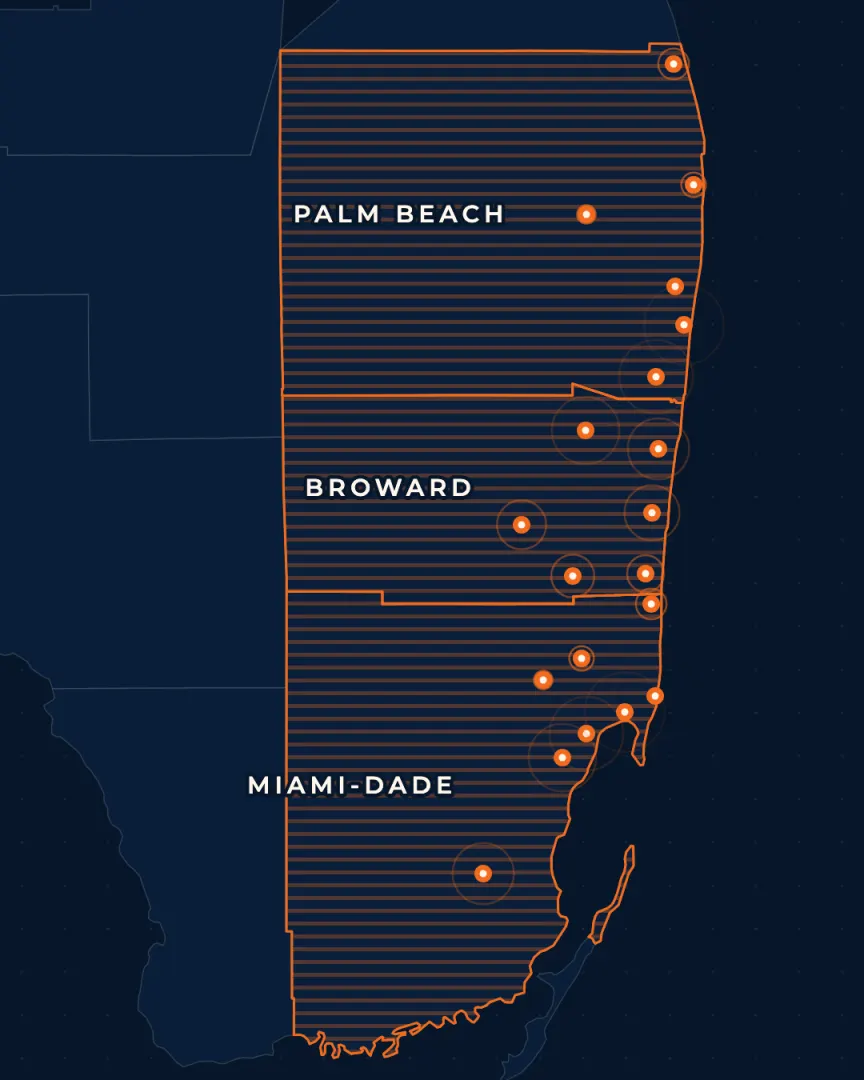 Map of Miami-Dade, Broward and Palm Beach counties